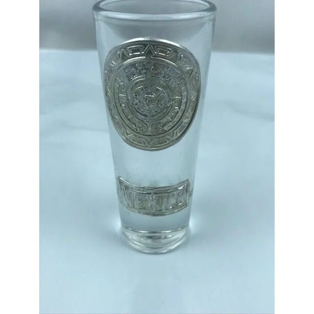 Cancun Mexico AZTEC CALENDAR 4” TALL SHOT GLASS Vintage Silver Souvenir Barware